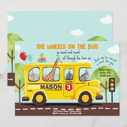Wielen op de bus Birthday Invite School Bus Party Kaart (Voorkant / Achterkant)