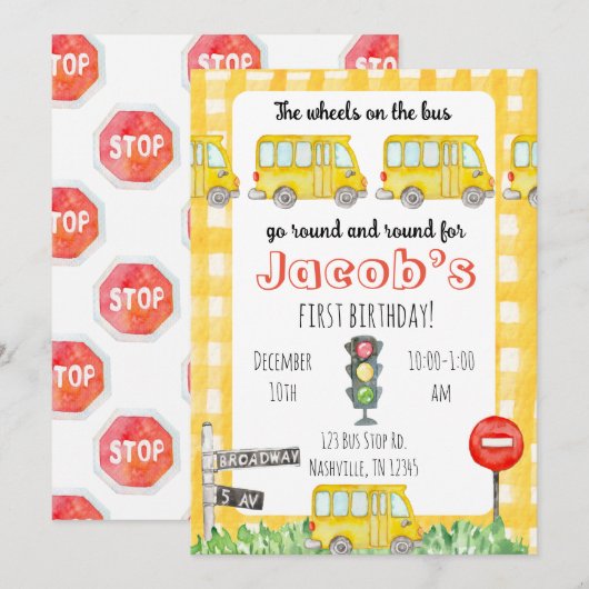 Wielen op de bus gele kids verjaardagsuitnodiging kaart (Voorkant / Achterkant)