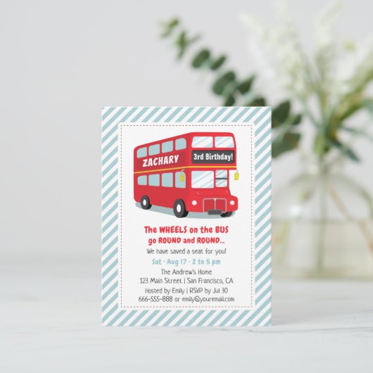 Wielen op de bus Kids verjaardagsfeestje uitnodigi Kaart (Staand voorkant)