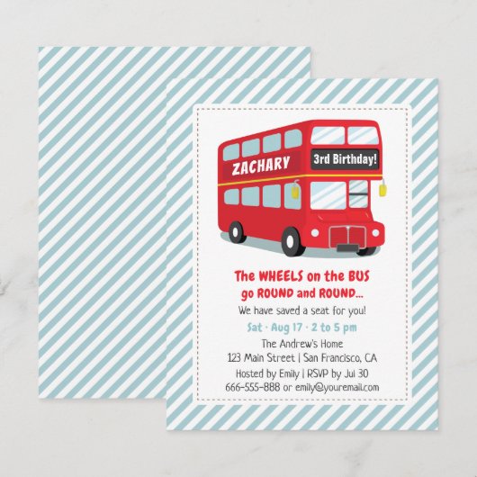 Wielen op de bus Kids verjaardagsfeestje uitnodigi Kaart (Voorkant / Achterkant)