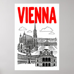 Wien Stadslandschap Poster, Rood Tekst, Zwarte Lij Poster