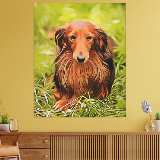 Wiener Brown Dachshund over gras in de tuin Canvas Afdruk (Insitu (Woonkamer))