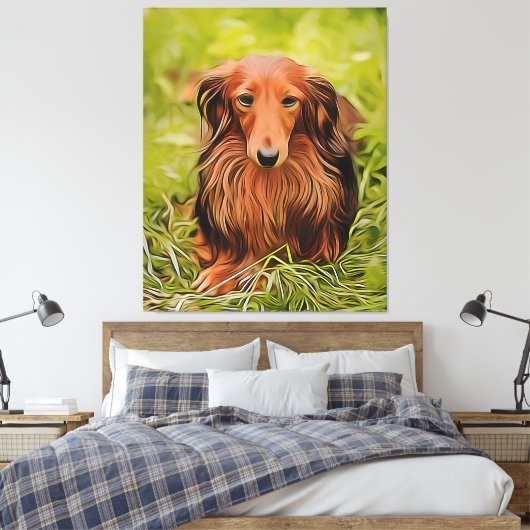 Wiener Brown Dachshund over gras in de tuin Canvas Afdruk (Insitu (Slaapkamer))