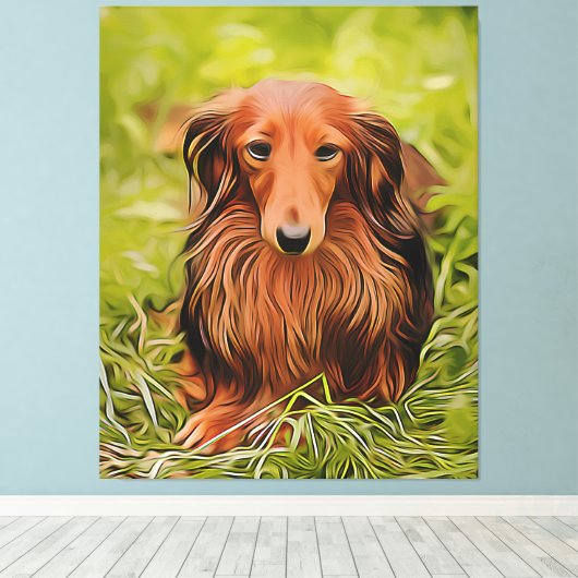 Wiener Brown Dachshund over gras in de tuin Canvas Afdruk (Insitu (Houten vloer))
