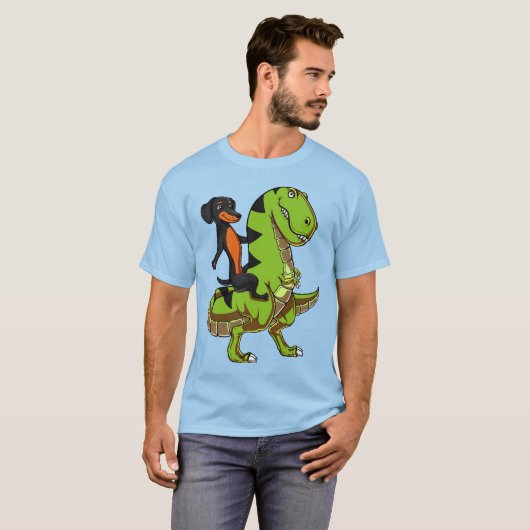 Wiener Dog Dachshund Riding T-Rex Dinosaur T-shirt (Voorkant volledig)