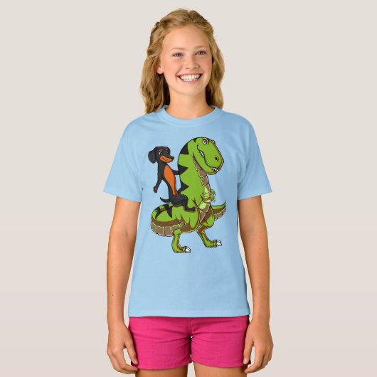Wiener Dog Dachshund Riding T-Rex Dinosaur T-shirt (Voorkant volledig)