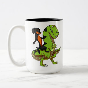 Wiener Dog Dachshund Riding T-Rex Dinosaur Tweekleurige Koffiemok