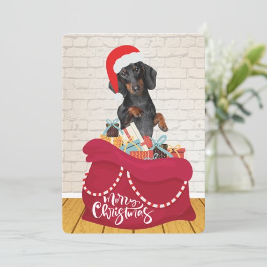 Wiener Dog Santa Hat Bag geeft kerstmis Feestdagenkaart (Staand voorkant)