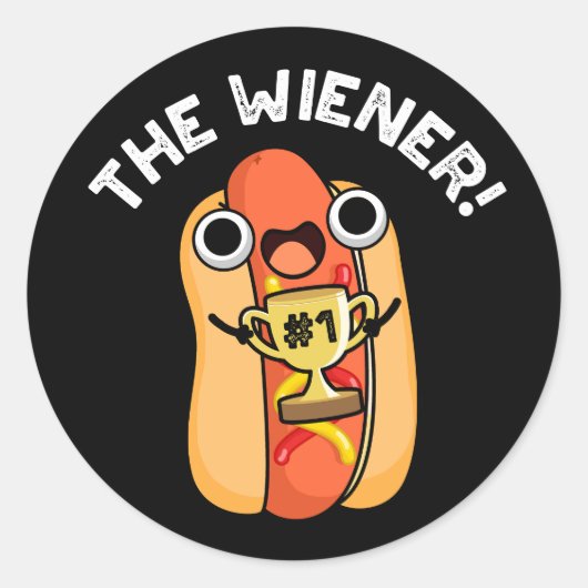 Wiener Funny Winner Hot Dog Pun Dark BG Ronde Sticker (Voorkant)