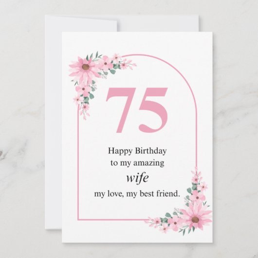 Wife 75th Birthday Card Pink Flower Kaart (Voorkant)
