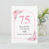 Wife 75th Birthday Card Pink Flower Kaart (Staand voorkant)