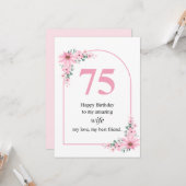 Wife 75th Birthday Card Pink Flower Kaart (Voorkant / Achterkant in situ)