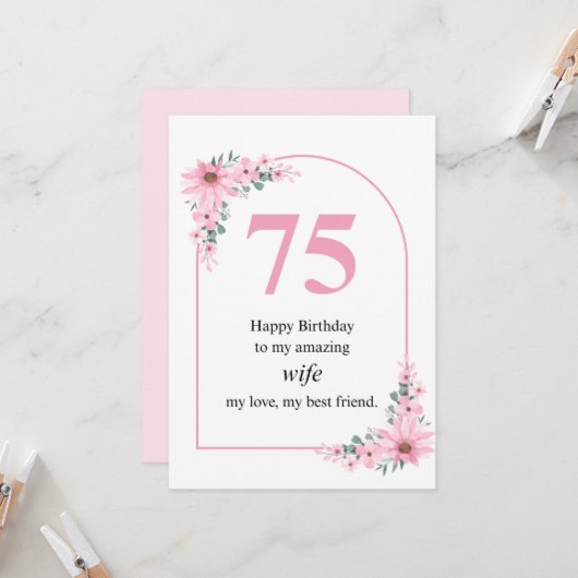 Wife 75th Birthday Card Pink Flower Kaart (Voorkant / Achterkant in situ)