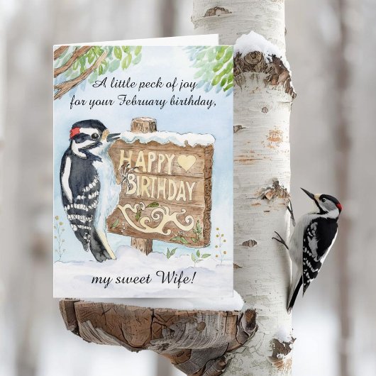 Wife Happy February Birthday Downy Woodpecker Kaart