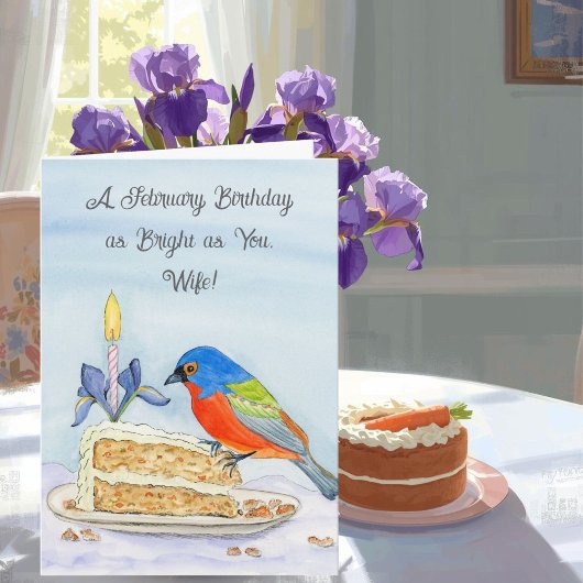 Wife Happy February Birthday Painted Bunting Kaart