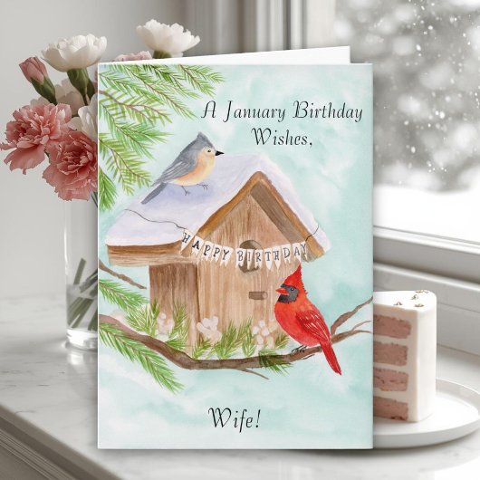 Wife Happy January Birthday Birds Kaart