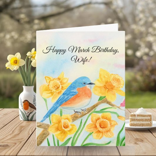 Wife Happy March Birthday Blue Bird  Kaart