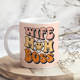 "Wife Mom Boss" Blush roze groovy retro Koffiemok