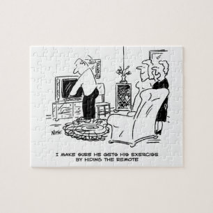 Wife verbergt de afstandsbediening van de tv legpuzzel