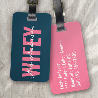 Wifey Blauw Roze Monogram Script Bagagelabel
