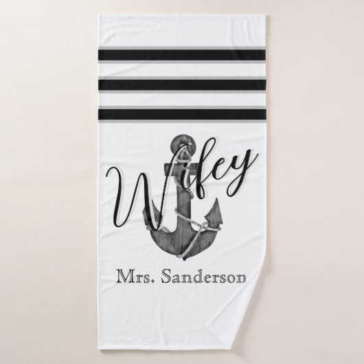 Wifey bruid nautische monogram zwart wit anker badhanddoek (Badhanddoek)