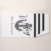 Wifey bruid nautische monogram zwart wit anker badhanddoek (Badhanddoek)