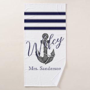 Wifey Nautical White en Navy Blue Anchor Beach Badhanddoek
