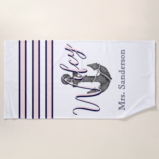 Wifey nautische monogram roze marine blauw anker strandlaken (Voorkant)
