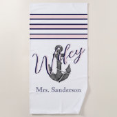 Wifey nautische monogram roze marine blauw anker strandlaken (Voorkant)