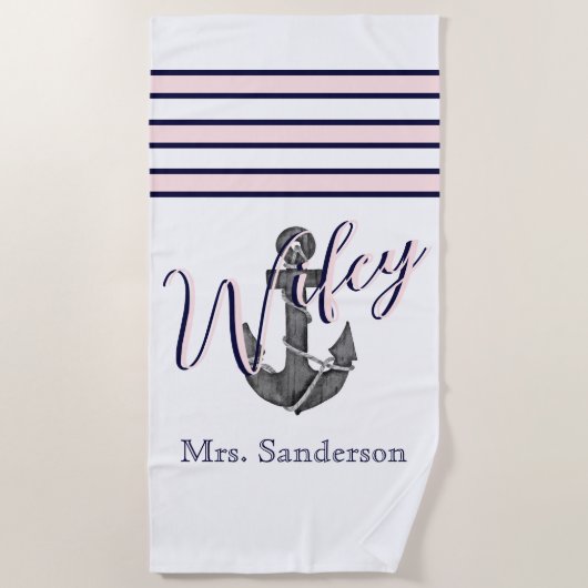 Wifey nautische monogram roze marine blauw anker strandlaken (Voorkant)