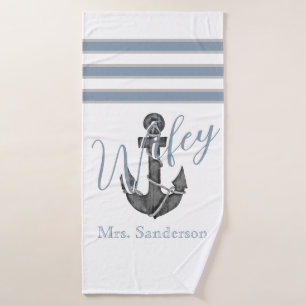 Wifey nautische monogram stoffige blauwe anker str badhanddoek