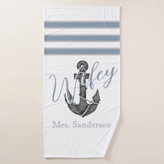 Wifey nautische monogram stoffige blauwe anker str badhanddoek (Badhanddoek)