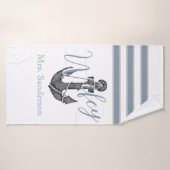 Wifey nautische monogram stoffige blauwe anker str badhanddoek (Badhanddoek)