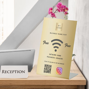 Wifi business logo qr code instagram goud reclamebord met voetstuk
