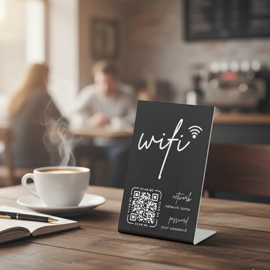 Wifi Network QR Code Black Modern Business Reclamebord Met Voetstuk