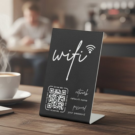 Wifi Network QR Code Black Modern Business Reclamebord Met Voetstuk