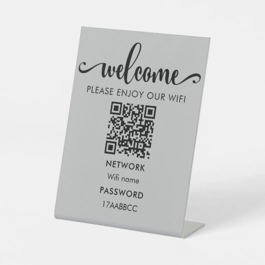 WIFI welkomstQR-code | Geniet van onze Wifi Grey Reclamebord Met Voetstuk (Voorkant)