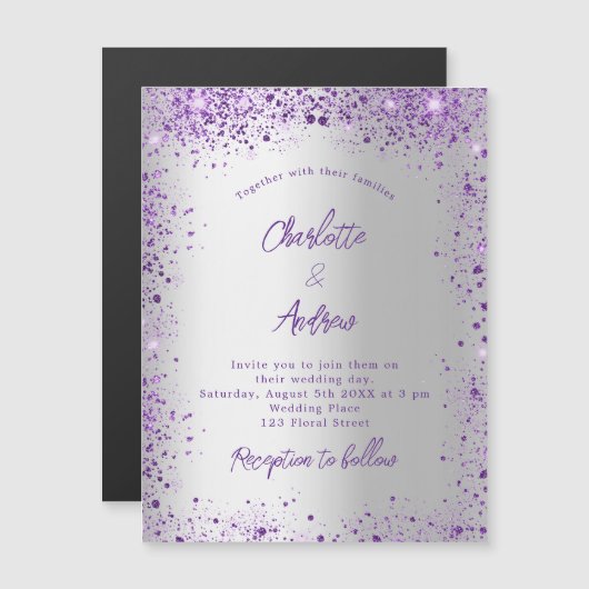 Wigende zilverviolette paarse glans luxe magnetische uitnodiging (Voorkant / Achterkant)