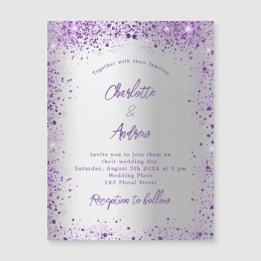 Wigende zilverviolette paarse glans luxe magnetische uitnodiging (Voorkant)