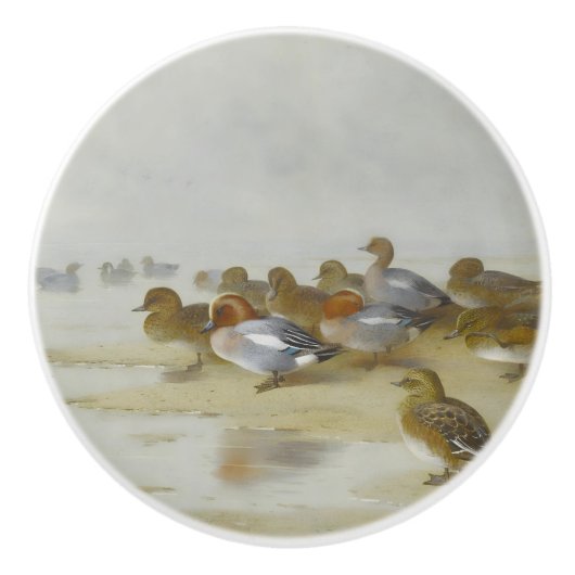 Wigeon en Blauwgroen door de waterkant, Art Keramische Knop (Voorkant)