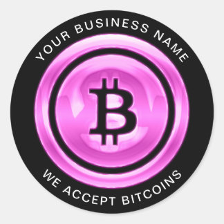 Wij accepteren Bitcoin Blockchain Roze Bedrijfsnaa Ronde Sticker