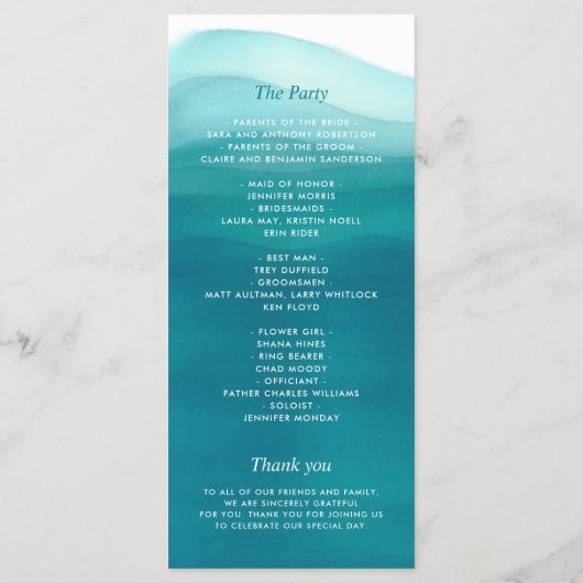Wij doen Blauwgroen Ombre Waterverf Wave bruiloft Programmakaart (Achterkant)