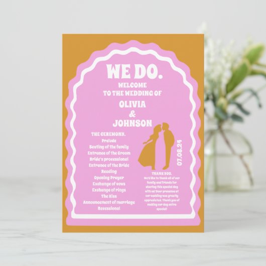 Wij doen gele Retro boog bruiloft orde van service Programmakaart (Staand voorkant)