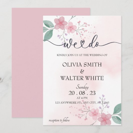 Wij doen, minimalistische roze bloemenbruiloft uit kaart (Voorkant / Achterkant)