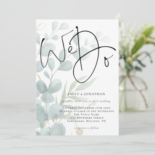 Wij doen modern script Eucalyptus bruiloft Kaart (Staand voorkant)