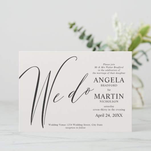 Wij doen moderne eenvoudige zwarte trouwkaart kaart (Staand voorkant)