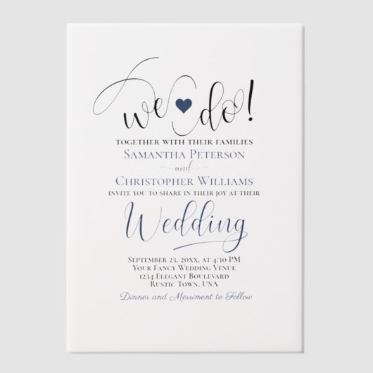 Wij doen Navy Blue Modern Script & Heart Wedding Vellum Uitnodigingen (Voorkant)