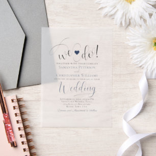 Wij doen Navy Blue Modern Script & Heart Wedding Vellum Uitnodigingen