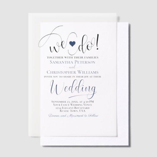 Wij doen Navy Blue Modern Script & Heart Wedding Vellum Uitnodigingen (Offset)
