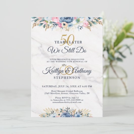 WIJ DOEN NOg Elegant Bloemig Goud Navy Geloften He Kaart (Staand voorkant)